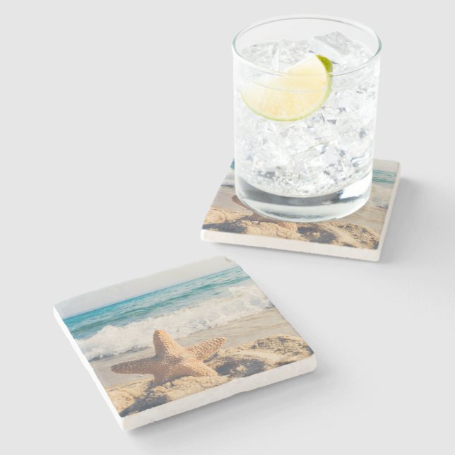 Starfish Sandy Beach Ocean Stone Coaster (Side)