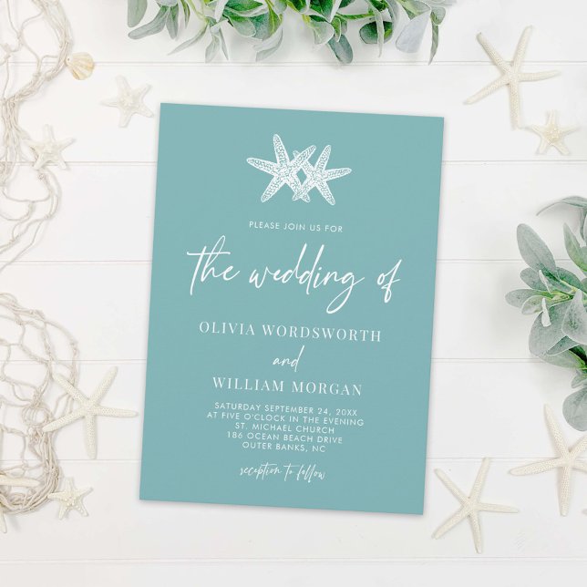 Starfish Sea Glass Blue Beach Modern Wedding Invitation (Creator Uploaded)