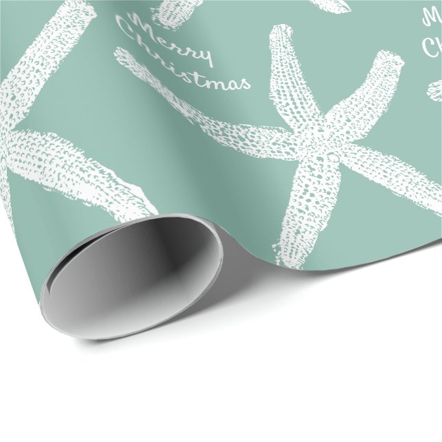 Starfish Sea Green Beach Merry Christmas Trendy Wrapping Paper (Roll Corner)