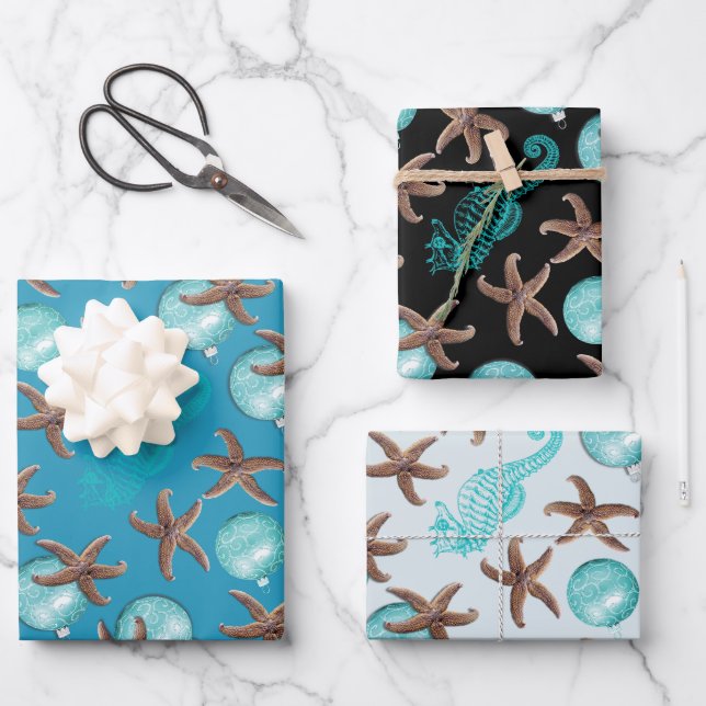 Starfish Sea Horses Christmas Gift Wrapping Sheets (Front)