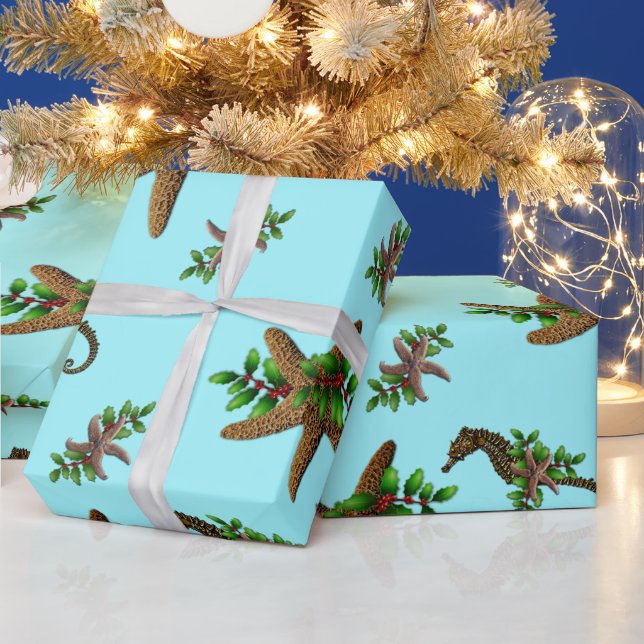 Starfish Sea Horses Pattern Light Blue Christmas Wrapping Paper (Holidays)