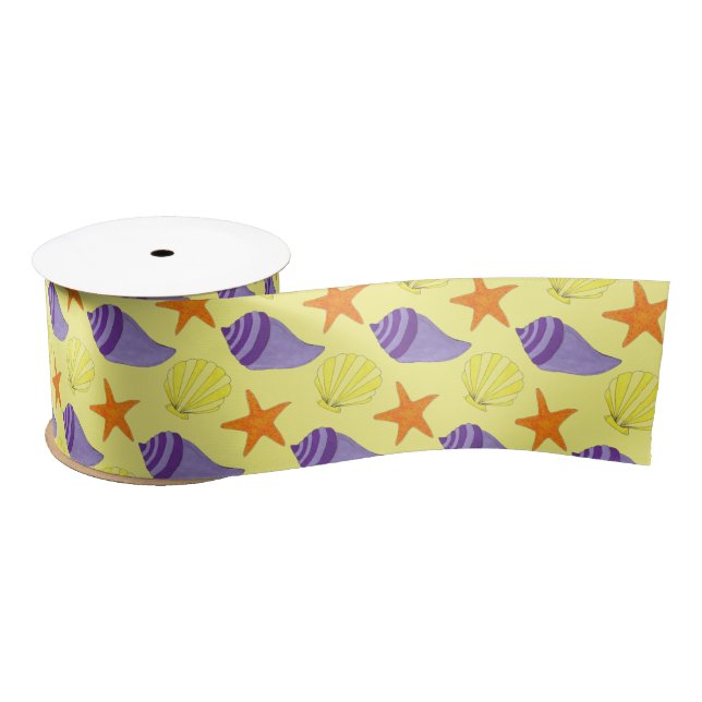 Starfish Sea Shells Beach Ocean Vacation Yellow Satin Ribbon (Spool)