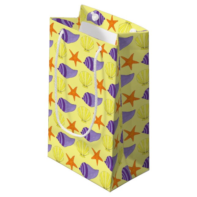 Starfish Sea Shells Beach Ocean Vacation Yellow Small Gift Bag (Front Angled)