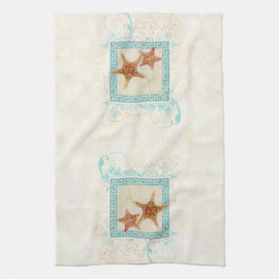 Starfish Sea Shells Ocean Greek Key Pattern Beach Tea Towel