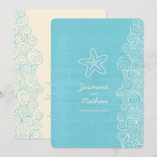 Starfish sea swirl aqua ivory beach wedding invitation (Front/Back)
