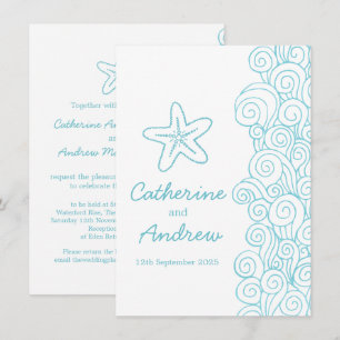 Starfish sea swirl blue beach wedding invitation