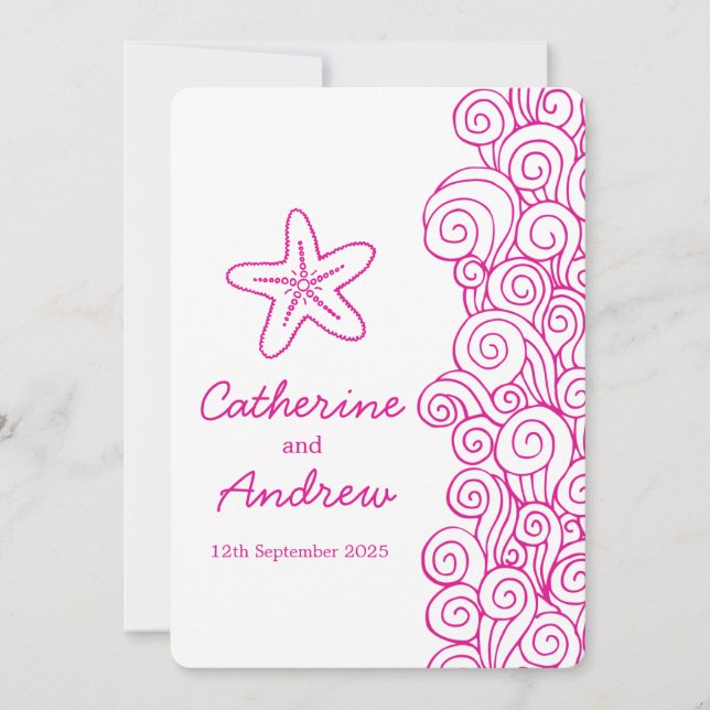 Starfish sea swirl pink beach wedding invitation (Front)