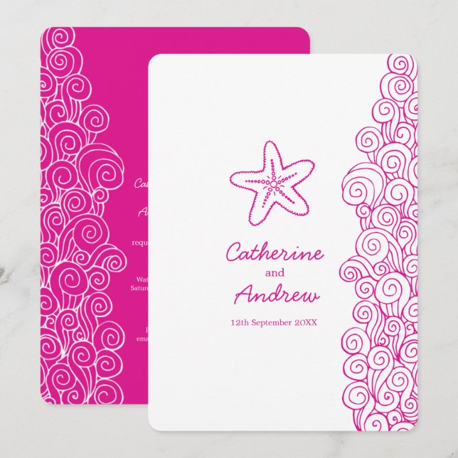 Starfish sea swirl pink beach wedding invitation (Front/Back)