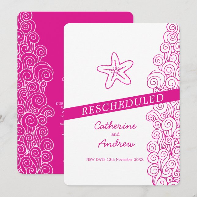 Starfish sea swirl pink beach wedding rescheduled invitation (Front/Back)