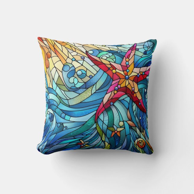 Starfish Seashell Beach Stained Glass Coastal Cushion (Front)