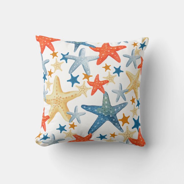 Starfish Seashell Pattern Blue Orange Coastal  Cushion (Front)