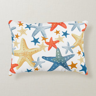 Starfish Seashell Pattern Blue Orange Coastal Decorative Cushion