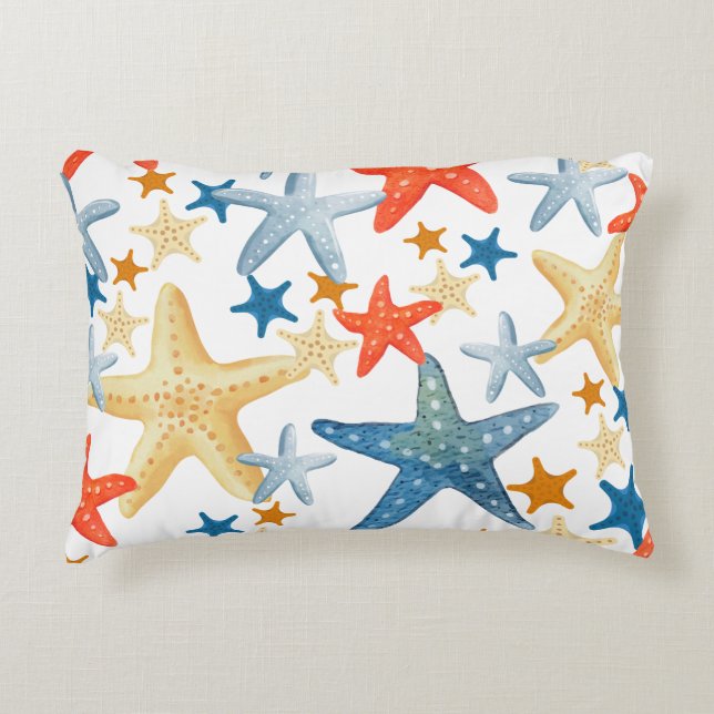 Starfish Seashell Pattern Blue Orange Coastal Decorative Cushion (Front)