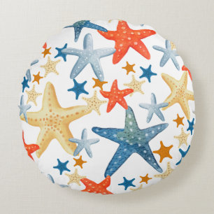 Starfish Seashell Pattern Blue Orange Coastal Round Cushion