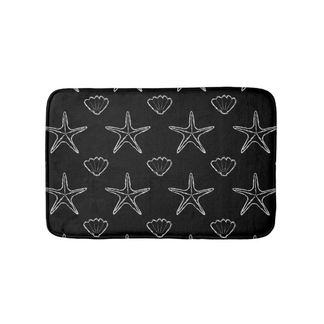 Starfish Seashell Sketch Pattern On Black Bath Mat (Front)