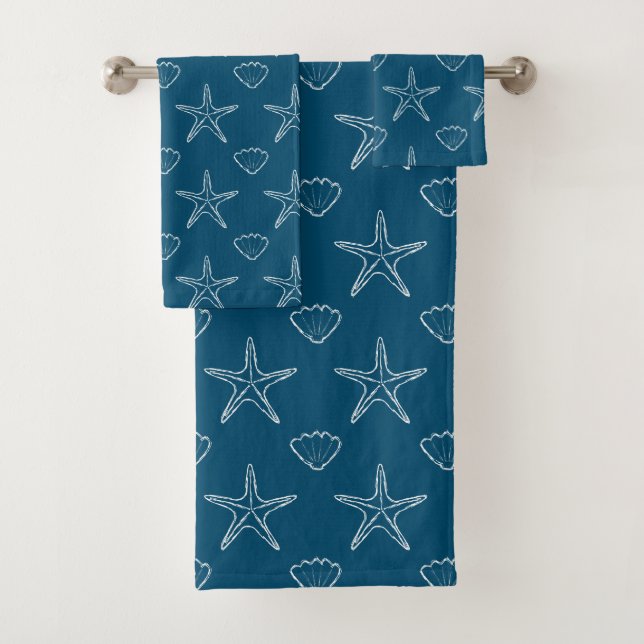 Starfish Seashell Sketch Pattern On Ocean Blue Bath Towel Set (Insitu)