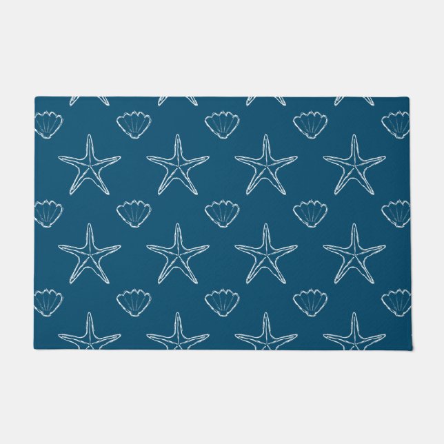 Starfish Seashell Sketch Pattern On Ocean Blue Doormat (Front)