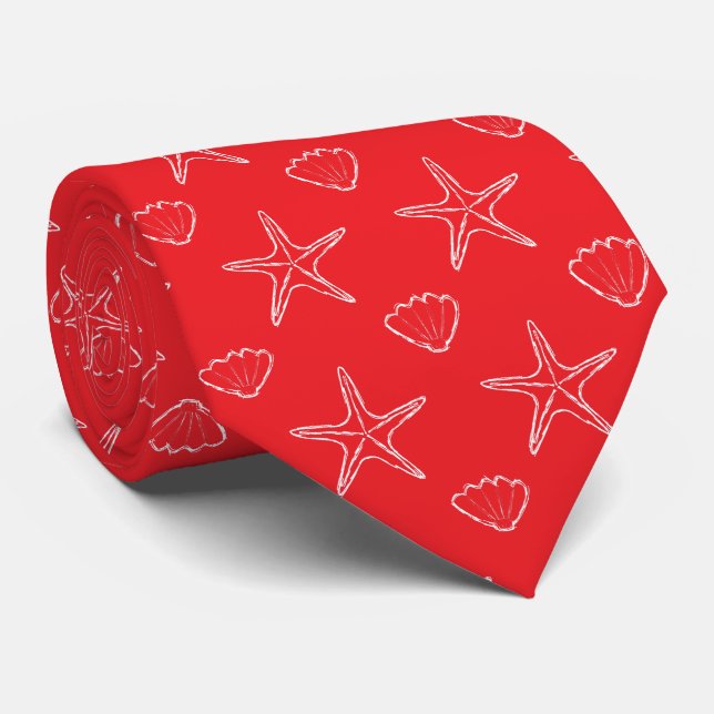 Starfish Seashell Sketch Pattern On Red Tie (Rolled)