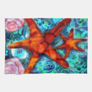 Starfish Seashells Beach Coastal Nautical Abstract Tea Towel