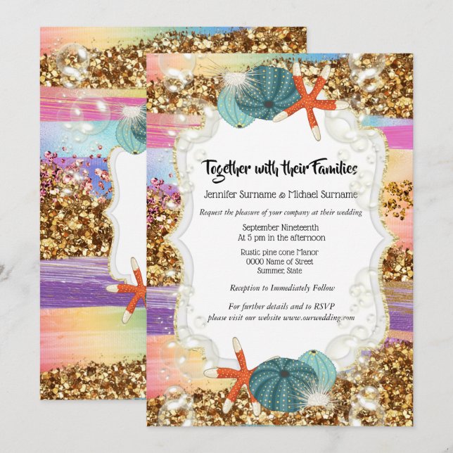 Starfish seashells glitter sunset destination invitation (Front/Back)