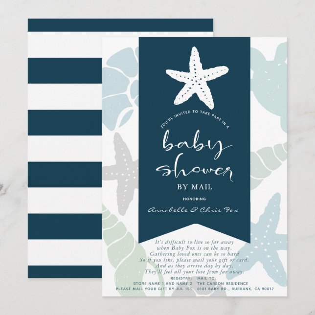 Starfish & Seashells Navy Blue Baby Shower by Mail Invitation (Front/Back)