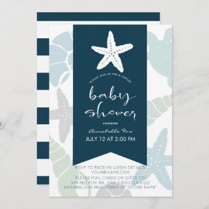 Starfish & Seashells Navy Blue Virtual Baby Shower Invitation