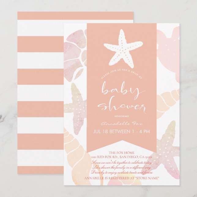 Starfish & Seashells Pink Drive-by Baby Shower Invitation (Front/Back)