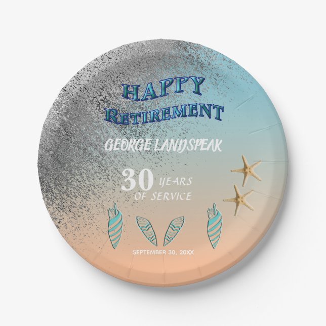 Starfish Seashells Silver Glitter Happy Retirement Paper Plate (Front)