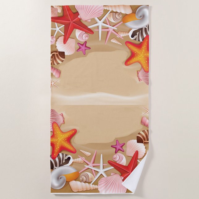 Starfish Seashells Towel (A vibrant beach themed towel adorned with colorful starfish, shells, and sea creatures.)