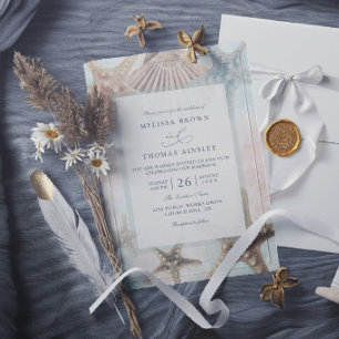 Starfish Seashells Tropical Beach Elegant Wedding Invitation