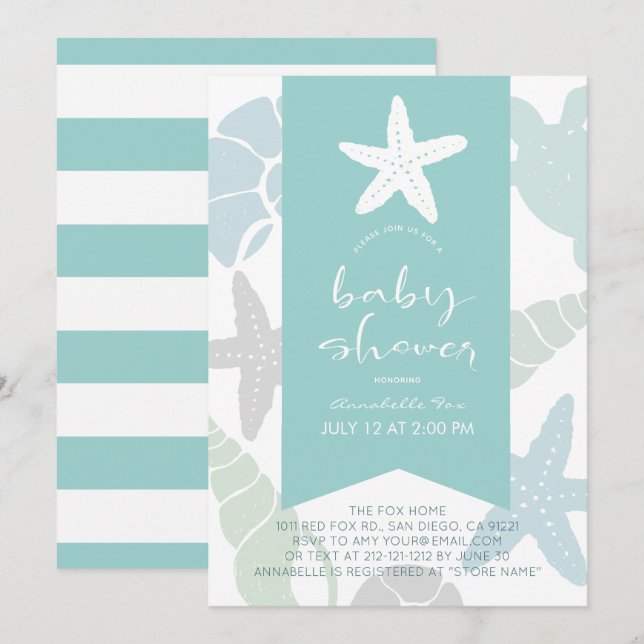 Starfish & Seashells Turquoise Blue Baby Shower Invitation (Front/Back)