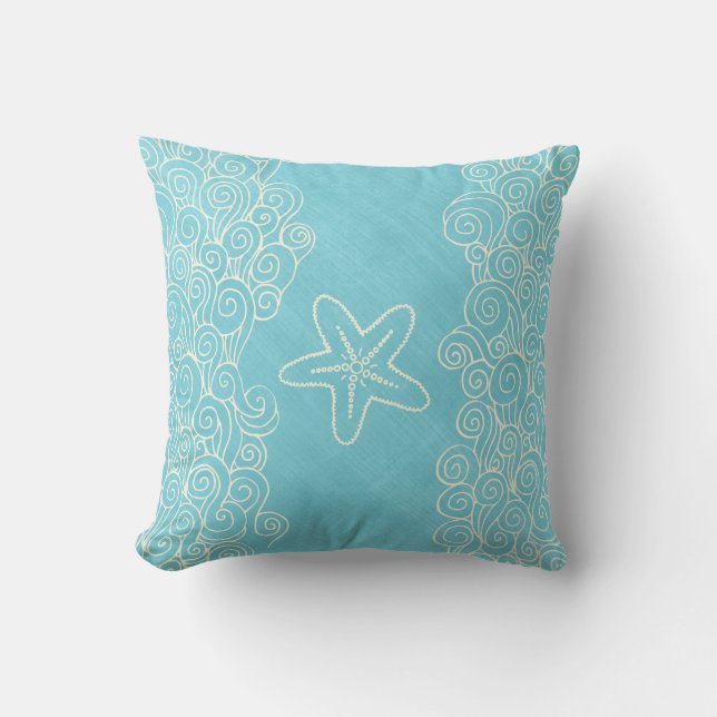 Starfish seastar and sea blue cream throw pillow (Front)