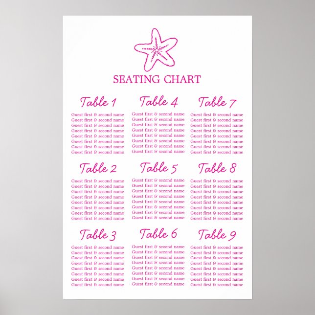  Starfish seastar pink wedding 9 table plan Poster (Front)