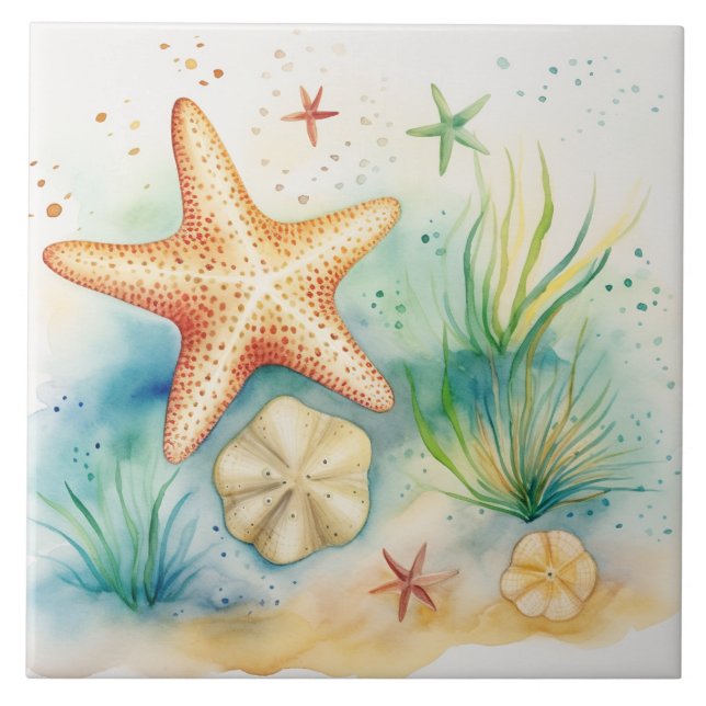 Starfish Seaweed Watercolor Under The Sea Tile (Front)