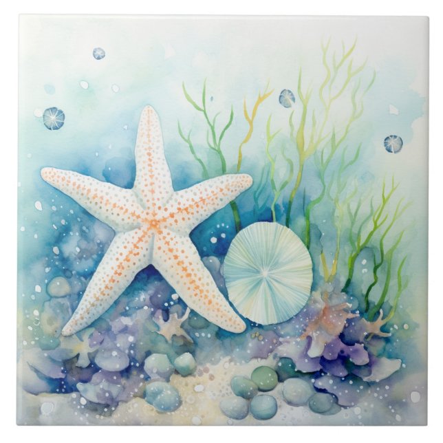 Starfish Seaweed Watercolor Under The Sea Tile (Front)