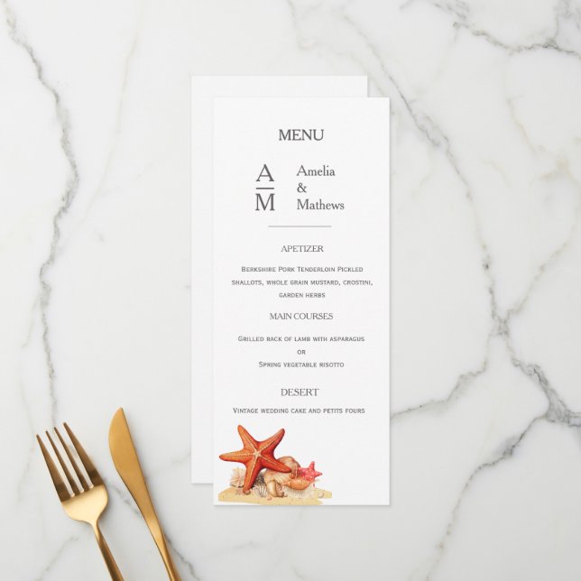 Starfish shells beach nautical wedding Flat Menu (Front/Back In Situ)