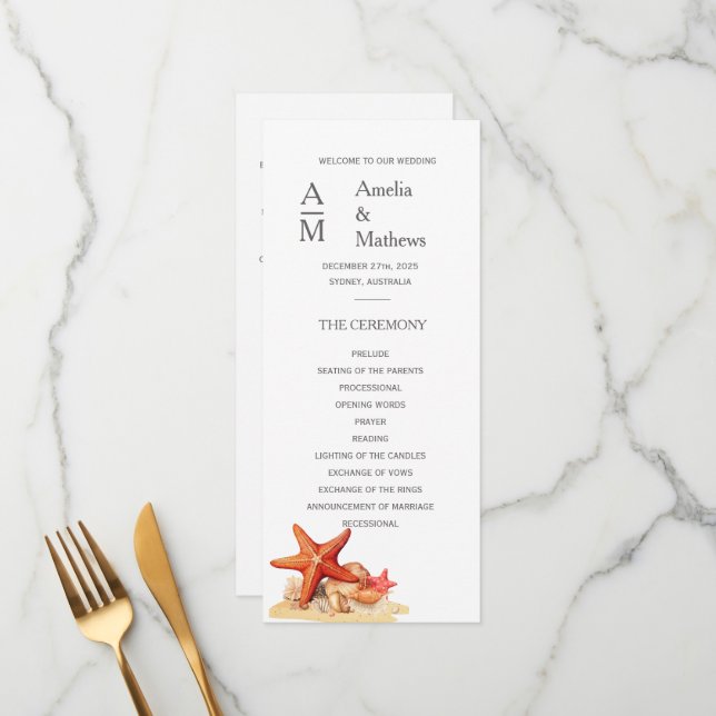 Starfish shells beach nautical wedding invitation (Front/Back In Situ)