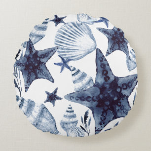 Starfish Shells Navy Blue And White Beachy Pattern Round Cushion