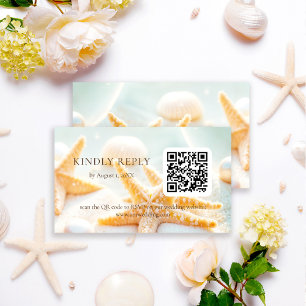 Starfish Shells Ocean Beach QR Code Wedding RSVP Enclosure Card