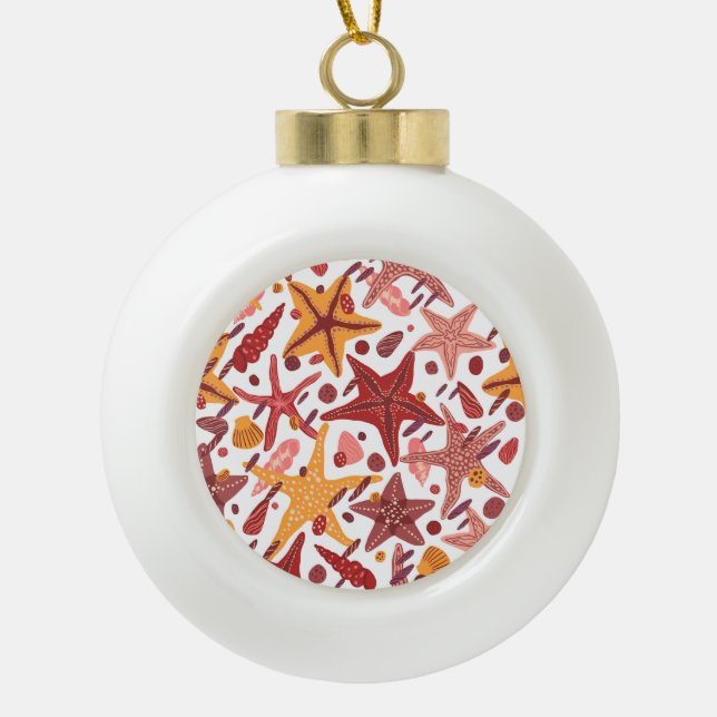 Starfish Shells: Scandinavian Sea Pattern Ceramic Ball Christmas Ornament (Front)