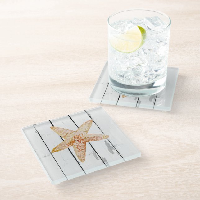 Starfish Shiplap Rustic Beach Decor Glass Coaster (Angled)