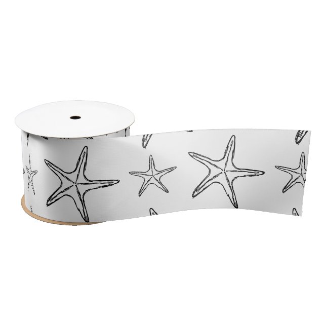 Starfish Sketch Custom Black and White  Satin Ribbon (Spool)
