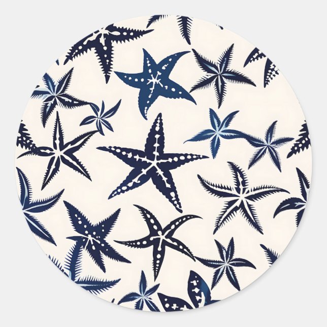 Starfish Stencil Pattern in Blue Classic Round Sticker (Front)