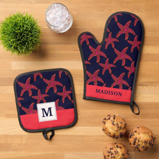 Starfish Style Pattern Oven Mitt & Pot Holder Set (Top Down)
