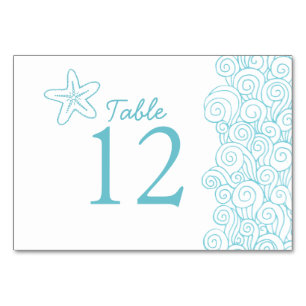 Starfish swirls aqua beach wedding table numbers