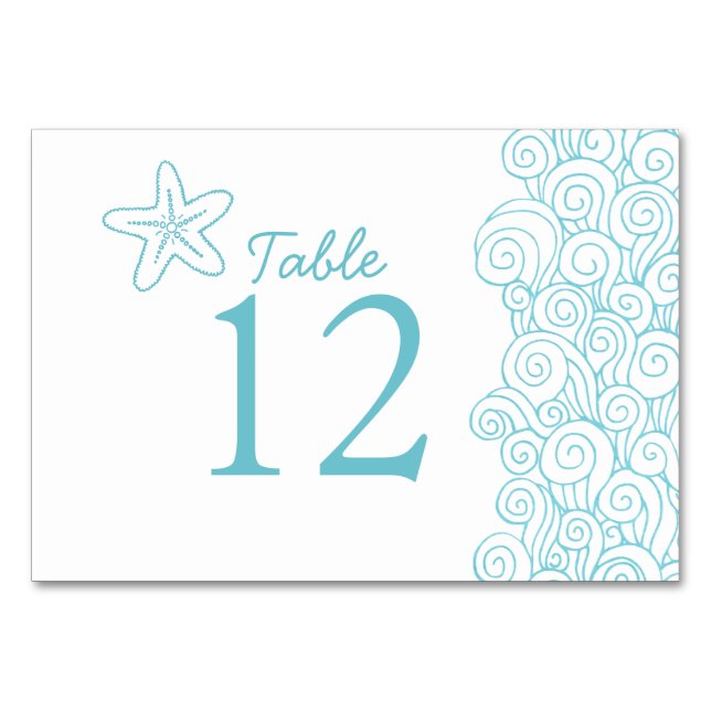 Starfish swirls aqua beach wedding table numbers (Back)