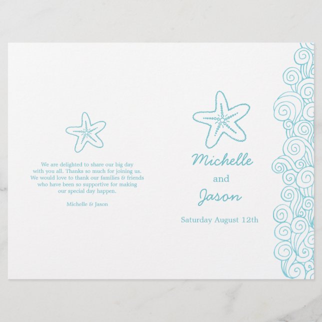 Starfish & swirls blue white wedding programs (Front)