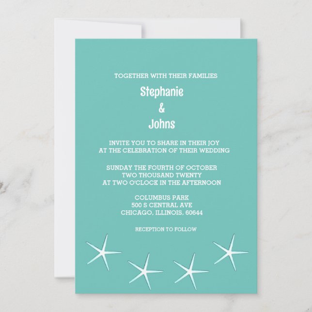 Starfish Teal Blue Beach Destination Wedding Cool Invitation (Front)