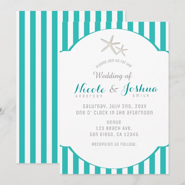 Starfish Teal Turquoise Striped Elegant Beach Invitation (Front/Back)