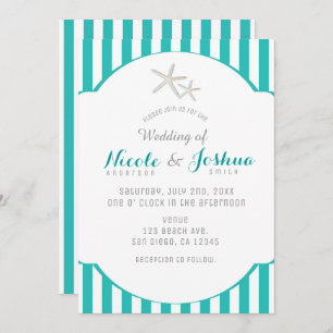 Starfish Teal Turquoise Striped Elegant Beach Invitation